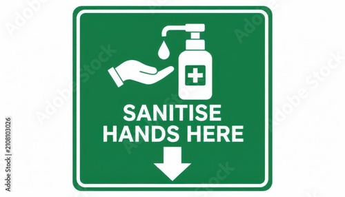 Sanitize hands here sign. Green hygiene instruction label for public health safety.