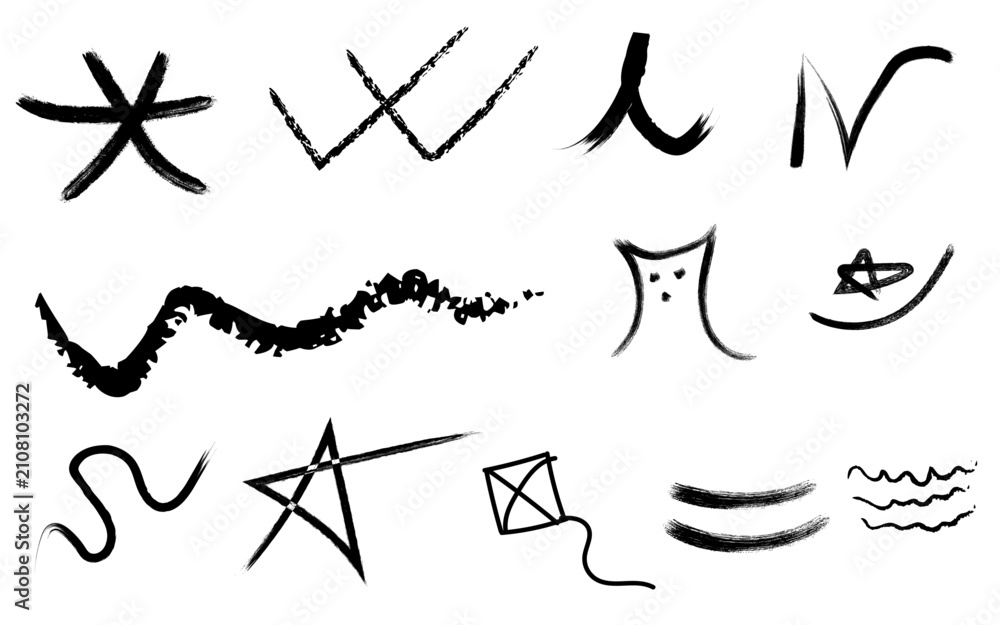 Fototapeta premium Hand drawn brush strokes, star doodles, kite illustration, and sketchy line elements set isolated on white background.