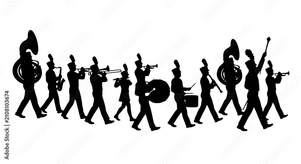 Obraz premium Marching Band Silhouettes, Musical Ensemble Vector Art, Performance Group Illustration, Parade Musicians, Brass Instruments, Drummer, Conductor
