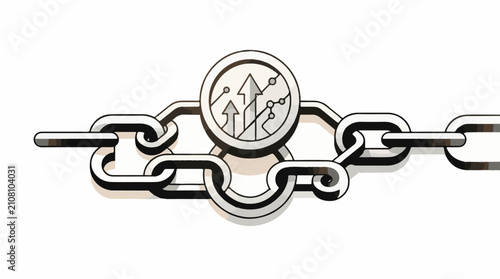 Stylized chain with central circular graphic showing upward arrows and circuitry