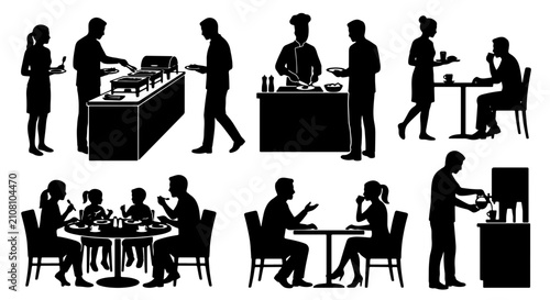 Restaurant Dining Silhouettes, Cafeteria Buffet Scene, People Eating at Tables, Catering Service Vector Icons