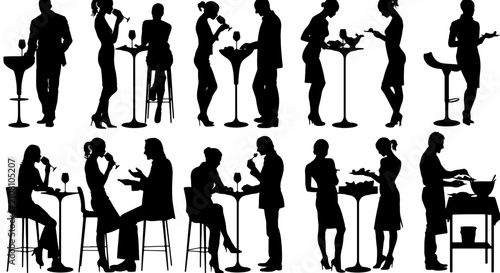 Elegant Silhouette Collection: Diverse People Enjoying Social Gatherings, Dining, and Drinks at Bars and Tables, Vector Graphics for Lifestyle and Business Concepts