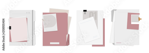 A set of illustrations featuring office document folders in pastel pink and gray tones. Vector templates isolated on a white background.