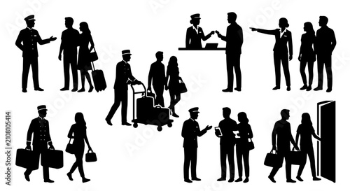 Hotel Service Silhouettes: Bellhops, Receptionists, and Guests with Luggage, Vector Icons for Hospitality and Travel Industry