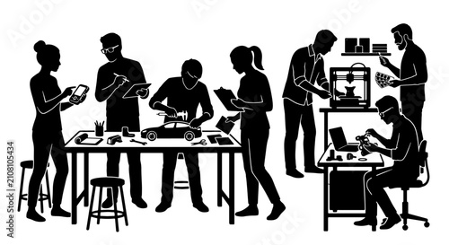 Diverse Team Collaborating on Innovation, Engineering, and Design Projects, 3D Printing and Robotics Workshop Scene, Silhouette Group Working Together