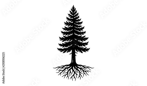 Black Pine Tree Silhouette with Exposed Roots Vector Illustration