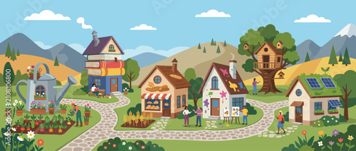 Colorful cartoon village illustration with eco friendly houses and community garden.