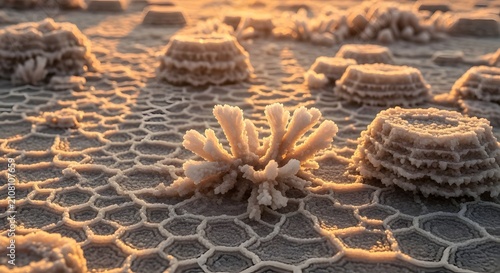 Macro view of microscopic structures resembling a desert landscape with strange towers and honeycomb patterns under warm light