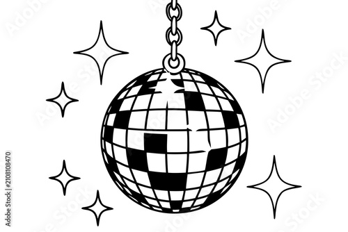 Hanging mirrored disco ball with reflections. Reflective party decoration for dance events and celebrations.