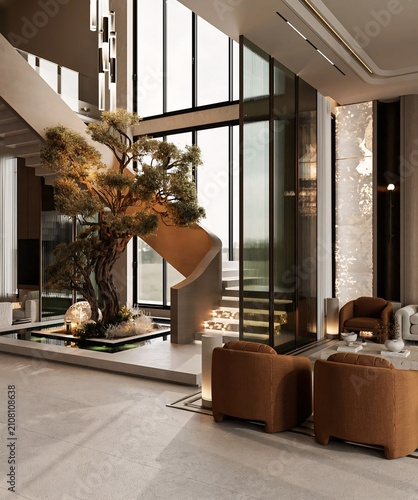 Modern Luxury Living Room with Indoor Tree and Floor-to-Ceiling Windows