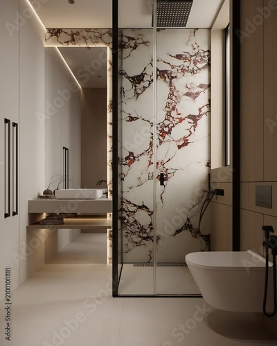 Luxury Modern Bathroom with Marble Wall and Glass Shower Partition