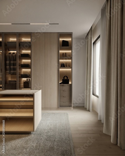 Modern Minimalist Walk-In Wardrobe with Built-In Shelves and Lighting