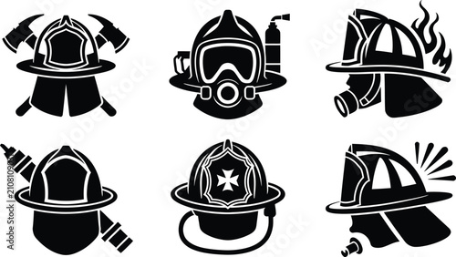 Tableau sur toile Firefighter Helmet Icons Vector Set - Fire Department Safety Equipment Silhouett