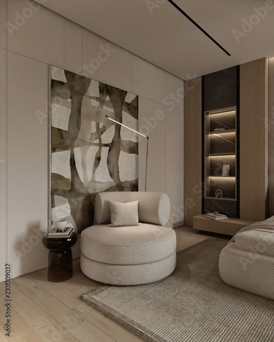 Modern Minimalist Living Room with Abstract Wall Art and Round Seating