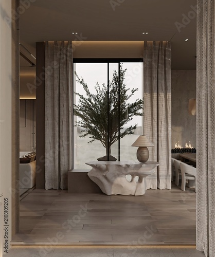 Modern Minimalist Living Room with Unique Tree Centerpiece and Large Windows
