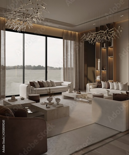 Modern Luxury Living Room with Floor-to-Ceiling Windows and Tree Chandeliers