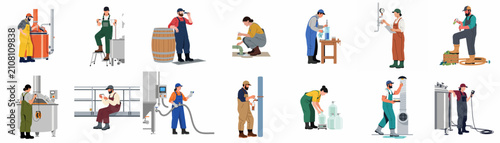 Foto Diverse brewery and distillery workers set performing quality control and production tasks in a flat illustration style isolated on white background