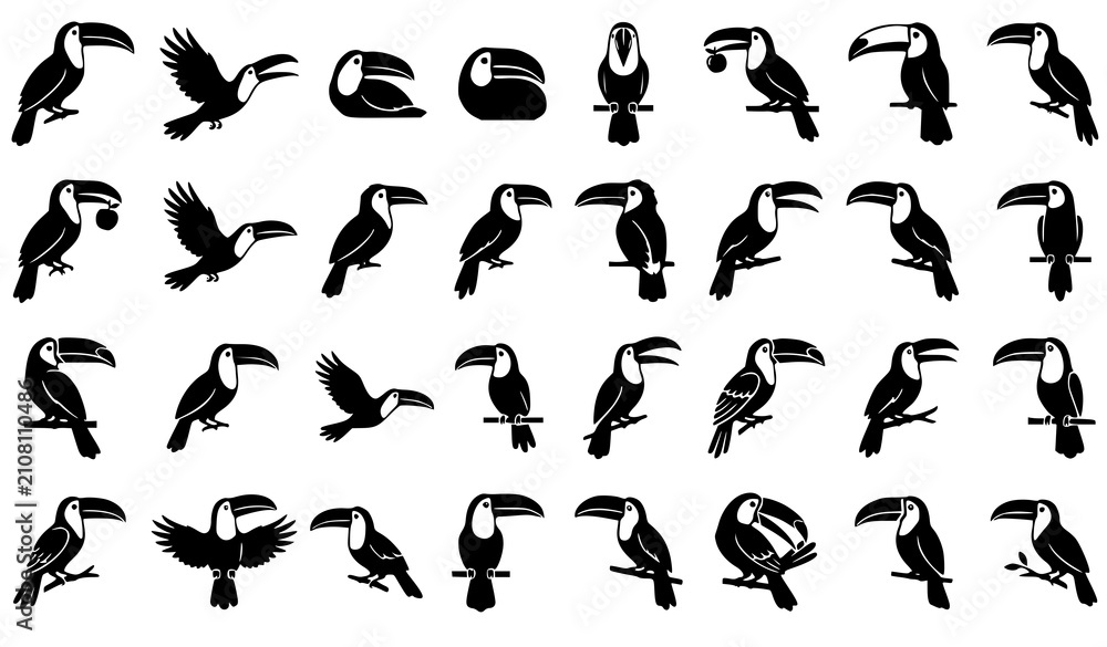 Fototapeta premium 30 Black Toucan Bird Silhouette Vector Icon Collection