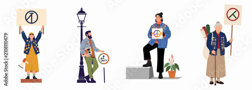 Diverse individuals participating in peaceful social activism, wearing denim jackets with symbolic pins and holding protest signs for peace, unity, and justice.