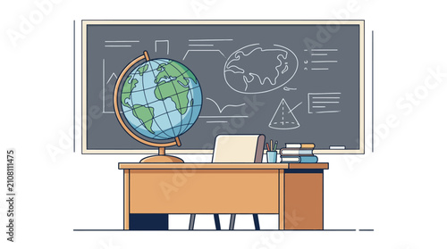 Classroom teacher desk with globe and chalkboard background illustration.