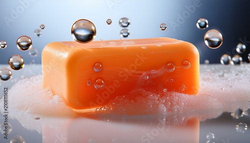 Bright Orange Soap Sits On A White Surface Surrounded By Bubbles Reflecting Clean And Fresh Characteristics In A Well Lit Setting