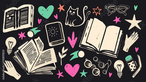 Obraz na płótnie Literary Elements Collage An Illustrated Collection Of Books Hearts Stars And Re