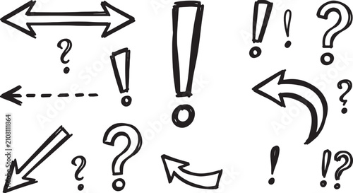 Hand-drawn black arrows, question marks, exclamation points, and symbols on white