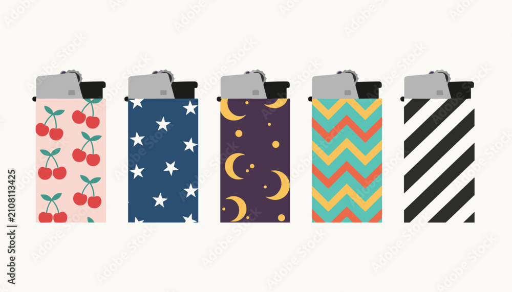 Obraz premium Five pocket lighters decorated with different creative colorful patterns stand in a row on a plain background.
