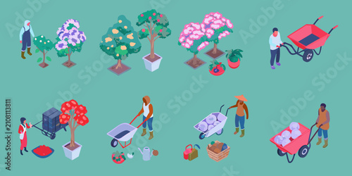 Cuadro en lienzo Gardening Scene With Trees And Workers Isometric Vector Illustration