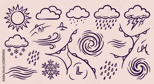 Foto Weather Symbols & Climate Elements, Hand Drawn Clouds & Rain Line Art, Tornado W