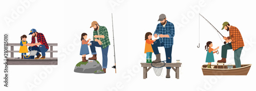 Cuadro en lienzo Set of illustrations showing a father teaching his young daughter how to fish on a pier, rock, and in a boat