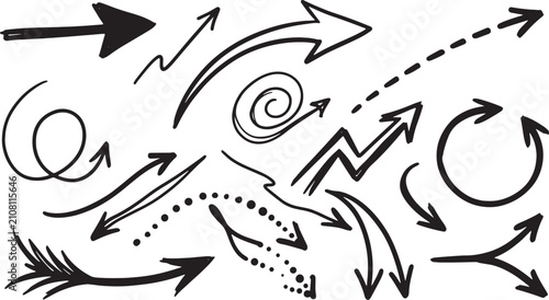 Hand-drawn black ink arrows swirling in circular motion swirls curves