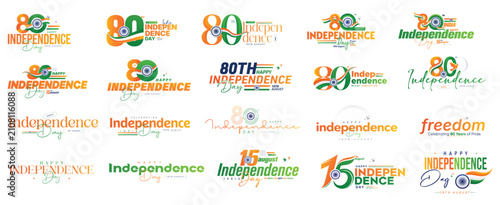 Professional collection of 80th Independence Day typography logos featuring creative tricolor lettering, Ashoka Chakra, anniversary numbers, and patriotic text layouts for branding, print, advertising