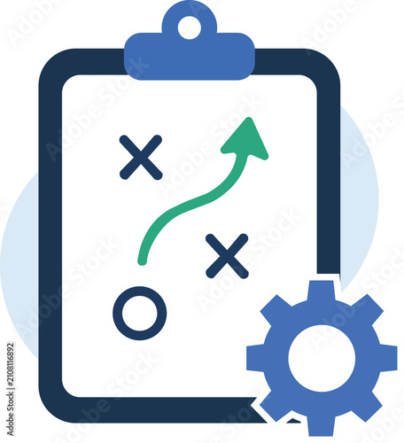 Clipboard with business tactics strategy path and gear icons, strategic planning execution vector illustration
