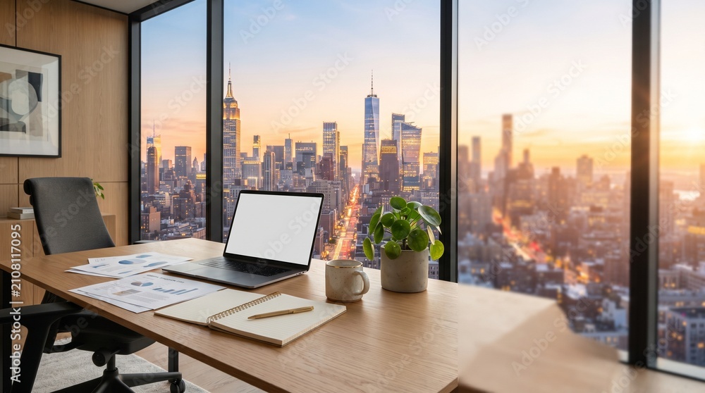 Fototapeta premium Modern Home Office Workspace with Laptop and City Skyline View During Sunset for Remote Professional Work