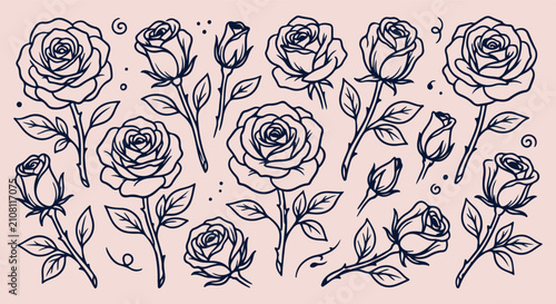 dark rose flower seamless pattern, hand drawn rosebud line art, botanical floral vector illustration, romantic garden doodle background, vintage rose sketch wallpaper, continuous floral bloom print, e