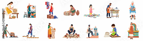Foto Diverse people creating mosaic art and tiling various objects including murals, pottery, and furniture in a flat illustration style