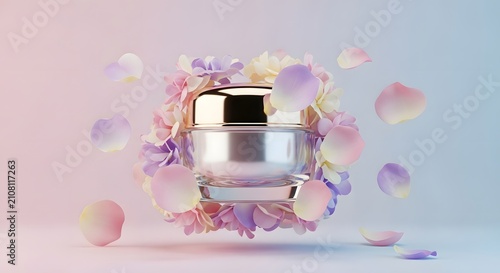 Luxury cosmetic cream jar surrounded by floating pastel flower petals on a soft gradient background