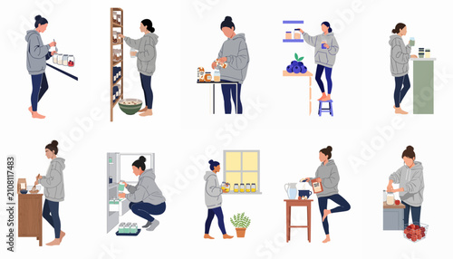 Flat design vector illustration set of a young woman preparing healthy meals, organizing food in jars, and maintaining a sustainable kitchen routine.
