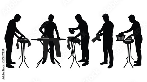 Bild auf Leinwand Set of Silhouettes of People Ironing Clothes on Ironing Boards