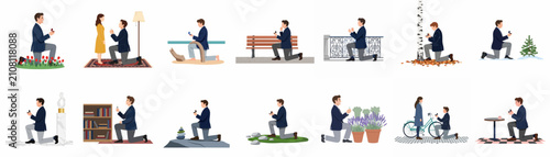 Bild auf Leinwand A comprehensive collection of vector illustrations depicting a man proposing marriage with an engagement ring in diverse romantic indoor and outdoor settings