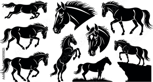 Canvastavla Art & IllustrationBlack Horse Silhouette Vector Set Featuring Galloping Mustangs