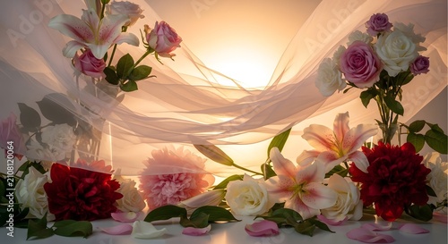 Beautiful floral arrangement with pink and white lilies and roses against a soft glowing draped fabric background