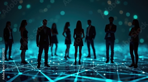 Siluetas de profesionales de pie sobre una red digital