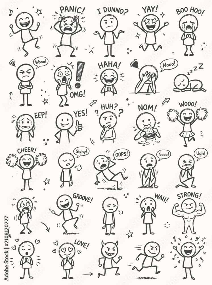 Fototapeta premium Set of hand drawn stick figure character expressions
