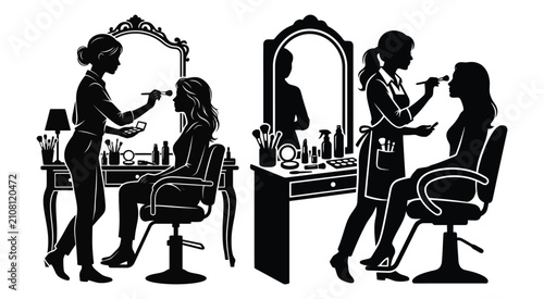 Beauty salon scenes with makeup artist and client black silhouette style