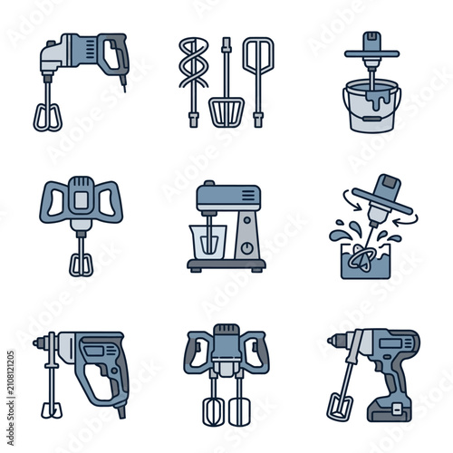 Collection of various handheld and stand mixers and drills.