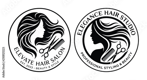 Hair Salon Logo Design With Scissors And Wavy Hair Black And White