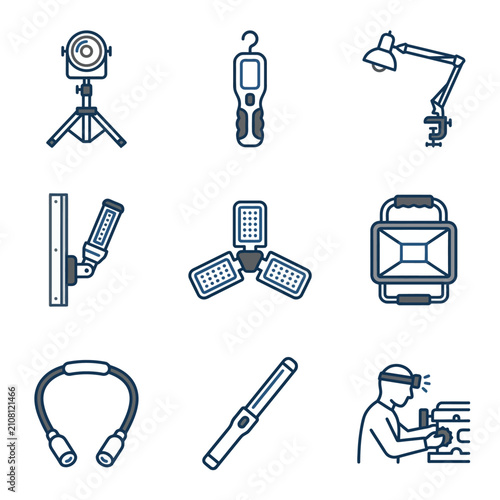 Collection of Various Lighting Tools and Equipment Icons.