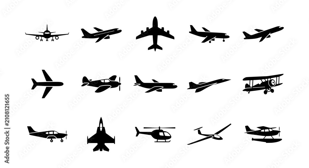 Fototapeta premium Diverse Aircraft Silhouettes Collection: Jets, Propellers, Helicopters, Gliders, Seaplanes